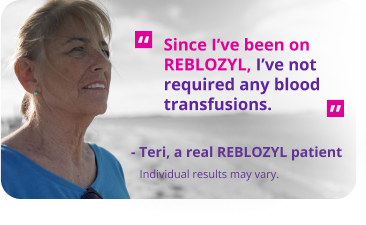 A photo of Teri, a Reblozyl patient, standing on a blurred beach background.